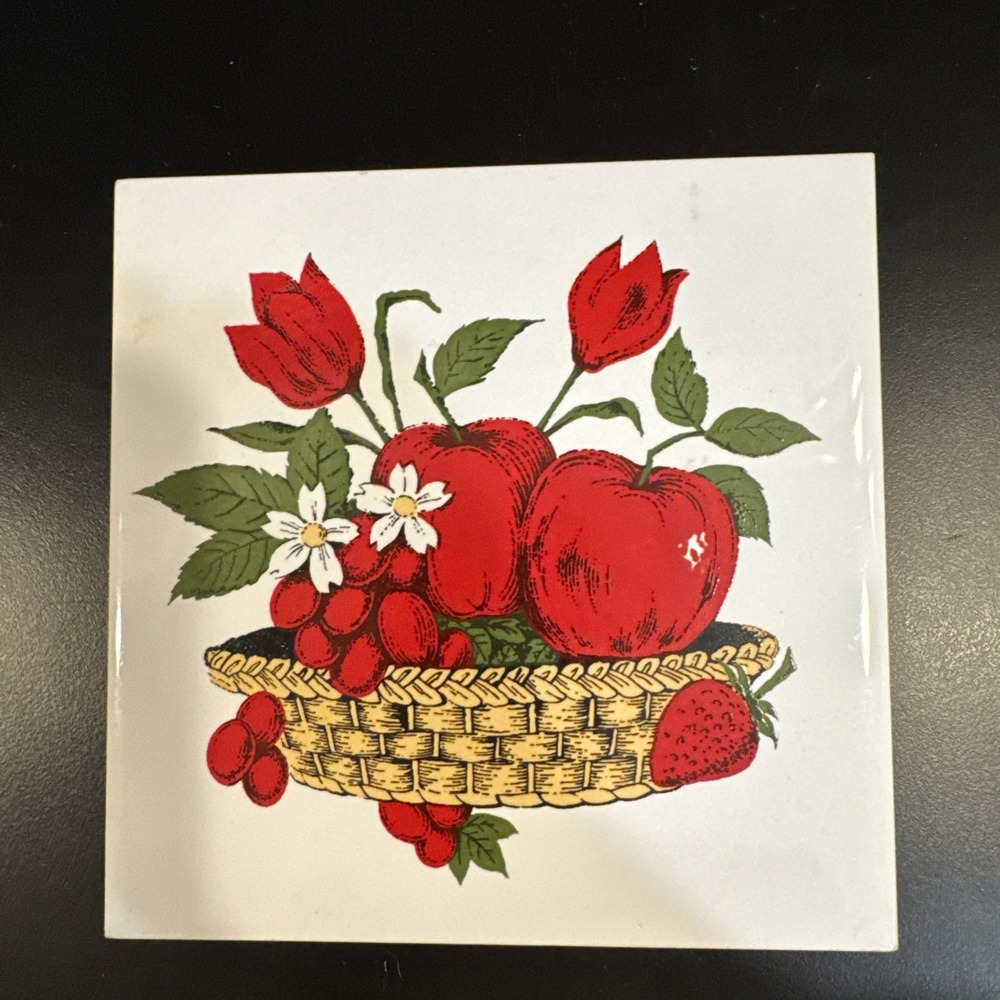 VINTAGE 6" CERAMIC STRAWBERRY & Apples In A Basket TILE WALL ART